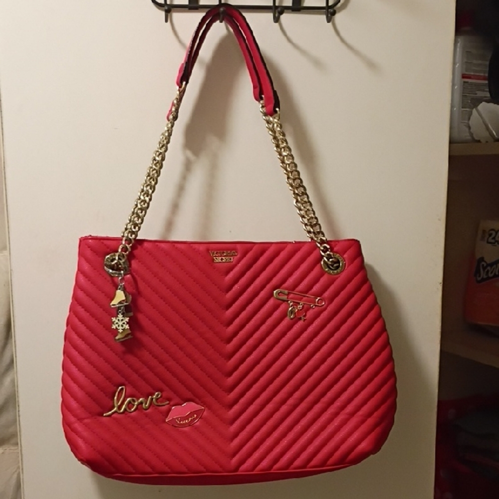Red Tote Bag Handbag with Black interior Gold Strap